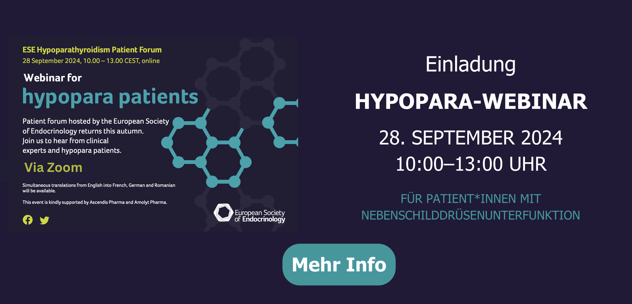Einladung für das Hypopara Patient Forum am 28. September 2024 von 10 bis 13 Uhr. Klicken für mehr Info.